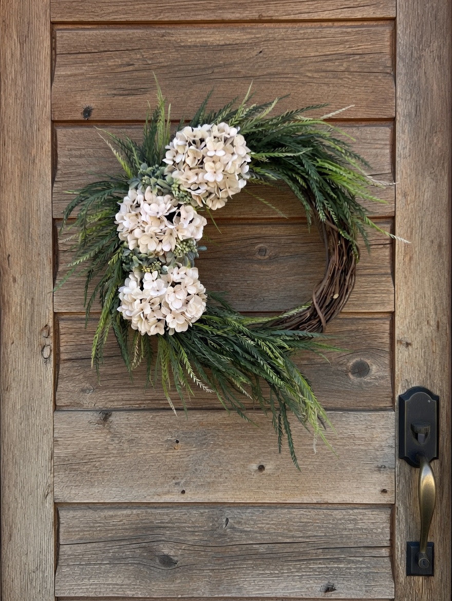Hydrangea Wreath – Farmhouse Door Hanger, All-Season Decor-available in multiple colors!!