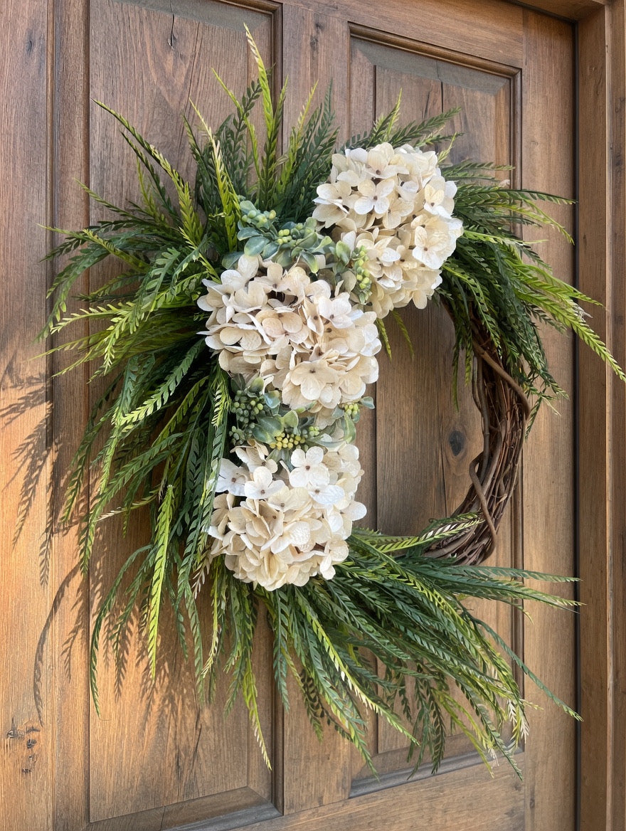 Hydrangea Wreath – Farmhouse Door Hanger, All-Season Decor-available in multiple colors!!