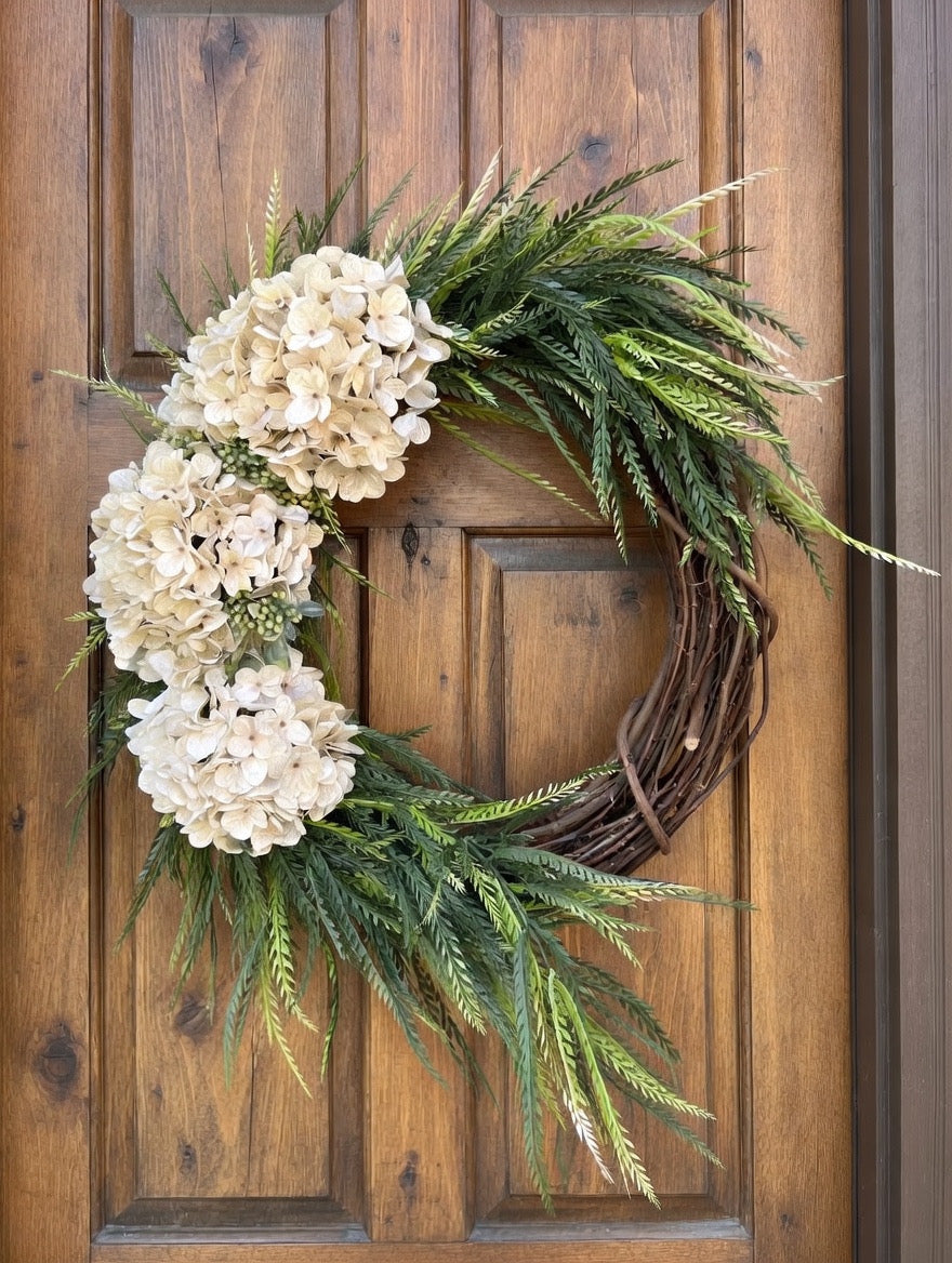 Hydrangea Wreath – Farmhouse Door Hanger, All-Season Decor-available in multiple colors!!